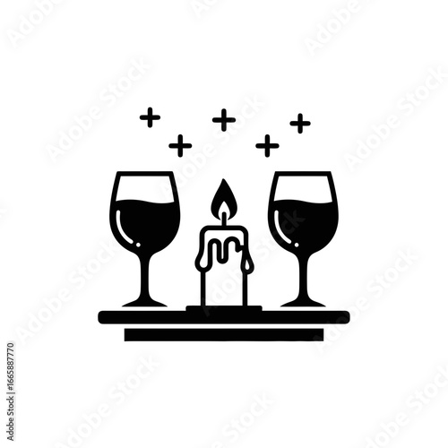 Vector art of romantic evening with two glasses of wine and a lit candle, creating an intimate atmosphere for a special celebration or date night