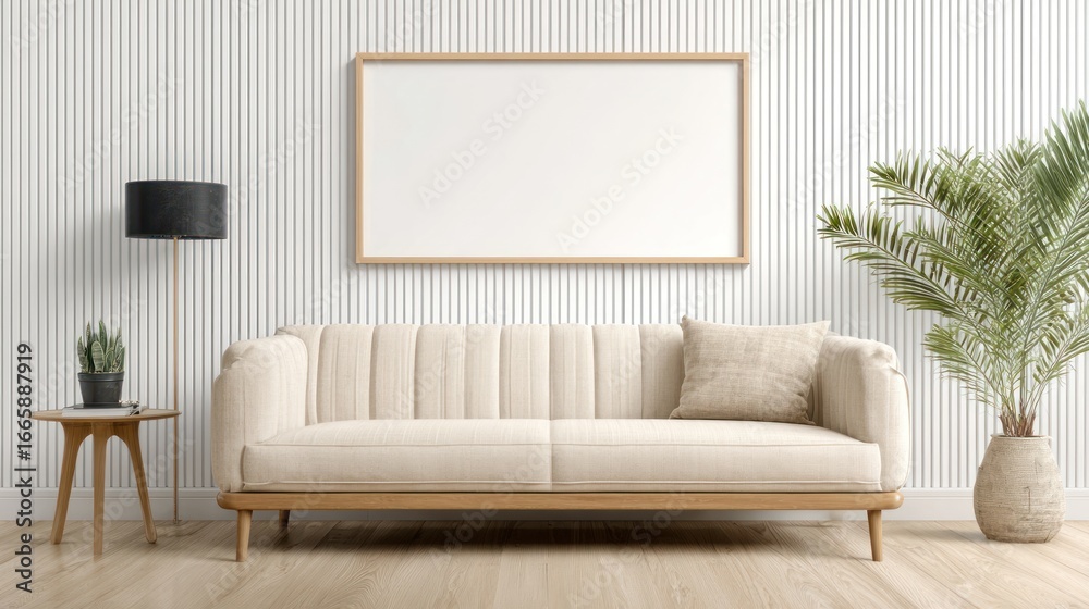 Fototapeta premium Minimalist Living Room Sofa Scene with White Couch Potted Plant and Wall Art