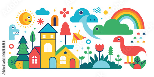 Playful cartoon landscape with houses dinosaurs sun clouds and rainbow cheerful bright vector illustration