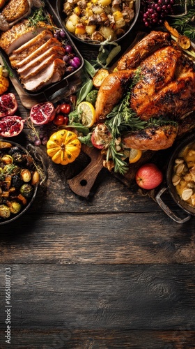 Lavish turkey pomegranate feast on wooden table for Thanksgiving food blog cover.