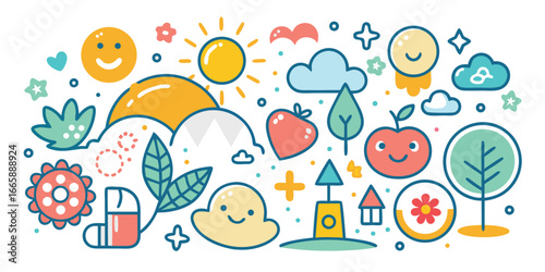 Playful doodle landscape with smiling sun fruits and trees vector design cheerful and whimsical illustration fun and aesthetic abstract nature scene