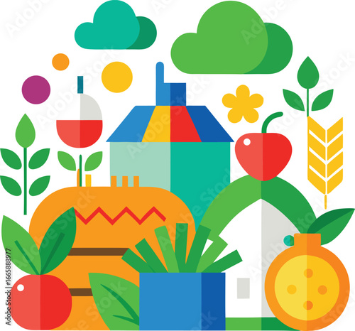 Farm fresh vegan food with vegetables, fruits, bread, and green plants in a cozy home setting - vector art