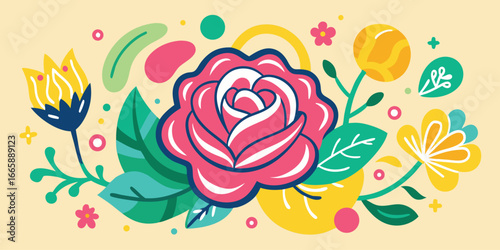 Playful floral composition with rose illustration surrounded by decorative elements against light yellow background creative flower pattern