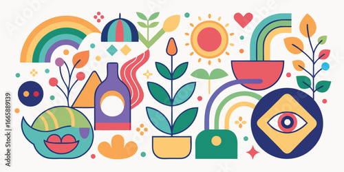Playful geometric abstract illustration with rainbows,flowers,plants,sun,and smiling character perfect for creative designs and artistic backgrounds