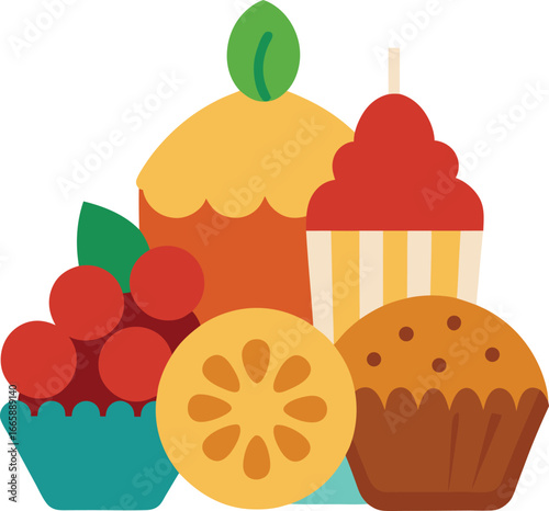 Assortment of vegan desserts with cupcakes, cookies, and fruit tarts displayed on white background - vector art