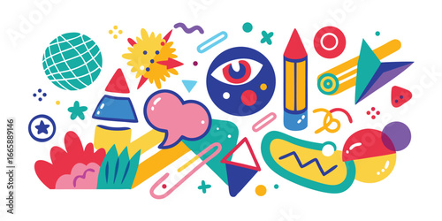 Playful geometric composition with doodle style elements and vibrant colors perfect for creative designs and fun backgrounds