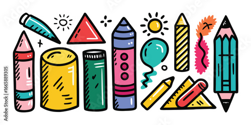 Playful hand drawn school supplies vector illustration featuring pencils crayons geometric shapes and whimsical elements perfect for educational designs and creative projects