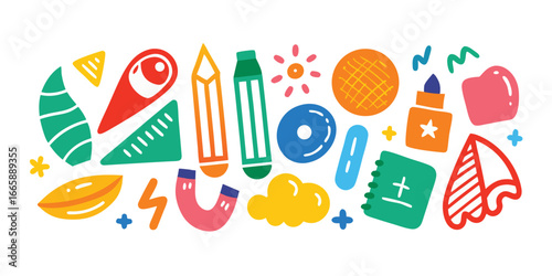 Playful hand drawn vector illustration of school supplies and geometric elements in bright colors for creative designs and backgrounds