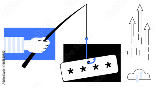 Hand holding phishing rod, baiting password card, arrows indicating data flow, cloud graphic. Ideal for cybersecurity, phishing prevention, password safety, data security, online threats IT