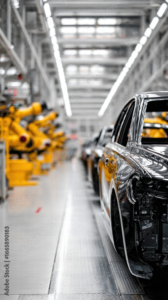 Obraz premium Cars in an automotive factory being assembled with automated machinery.