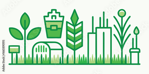 Sustainable agriculture and urban farming illustration with greenhouses crops and modern buildings for promoting environmental awareness and eco friendly practices