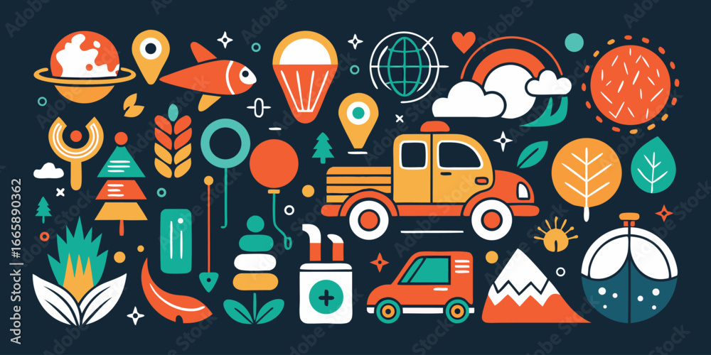 Obraz premium Vector illustration featuring trucks,trees,and global elements on a dark blue background perfect for graphic design and creative projects with playful flat design style