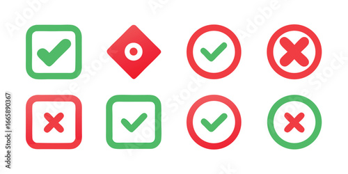 Vector illustration of check mark and cross icons for user interface designs and confirmation or rejection button elements