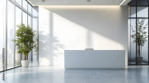 Fototapeta Naklejka Na Ścianę i Meble -  A blank white wall in an office with a reception desk and glass walls. Illustration for an office logo mockup.