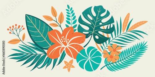 Vibrant tropical floral design featuring monstera palm and hibiscus leaves bold colors and modern style