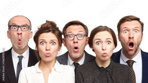Group of shocked business people with surprised expressions on a white isolated background.