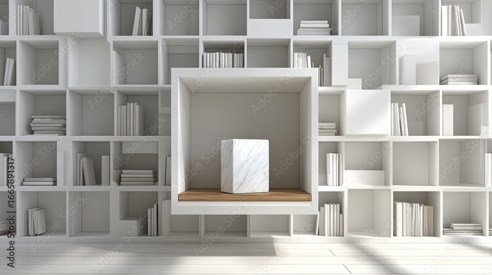 Fototapeta premium White modular bookshelves with recessed display