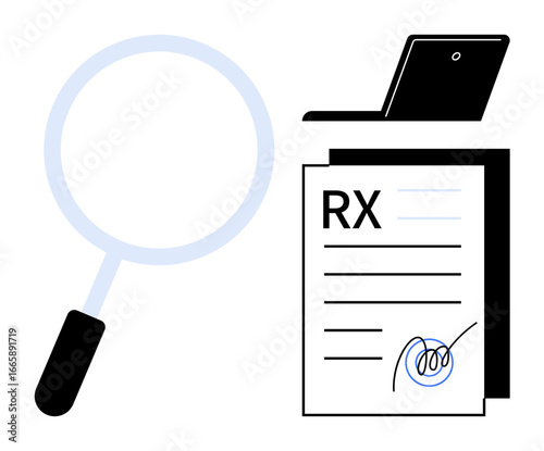 Magnifying glass inspects prescription document beside laptop. Ideal for healthcare, telemedicine, pharmacy, diagnostics, research, e-prescription, digital workflow. Simple flat metaphor