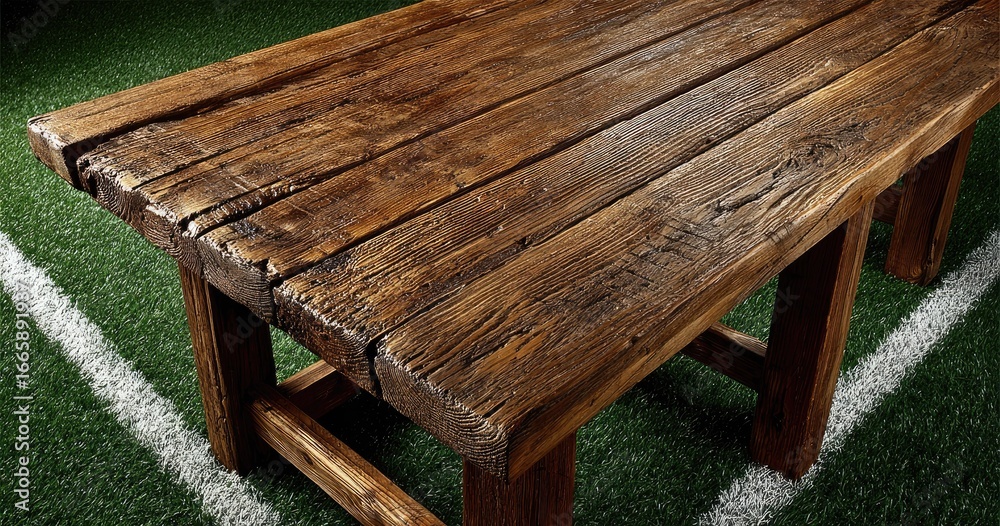 Fototapeta premium Rustic wooden table on artificial turf