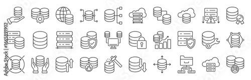 Database line editable icon set Collection. Containing server, data base, cloud, hosting, data, and more. EPS 10