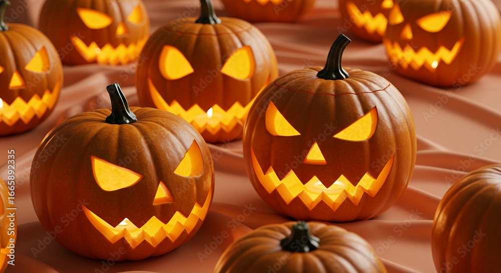 Fototapeta premium Scary glowing Halloween pumpkins with carved faces, illuminated jack o lanterns on orange fabric background, spooky holiday decoration 