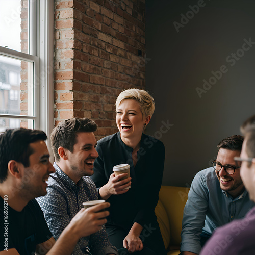 Happy young professionals in casual attire enjoying coffee together in a modern office space. A group of four men and one woman, laughing and socializing, in a casual business environment.