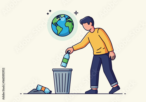 Illustration of a man recycling, exploring the climate psychology behind individual actions for environmental conservation and sustainability