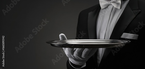The Silver Serving Tray Held by a Gloved Butler in Formal Black Tuxedo