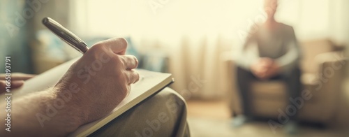 The therapist taking notes during a confidential counseling session in warm office lighting