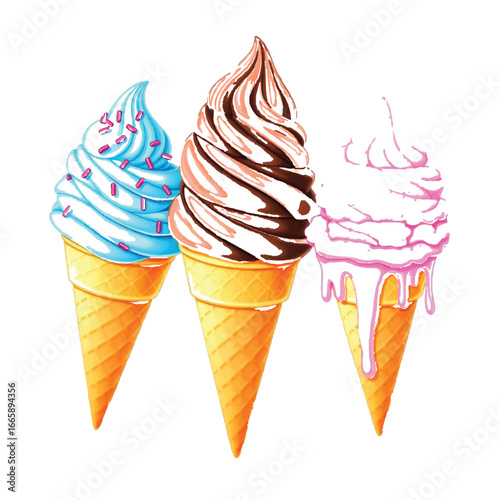 Three vibrant ice cream cones isolated on white background, a perfect illustration for a summer treat, delicious and colorful