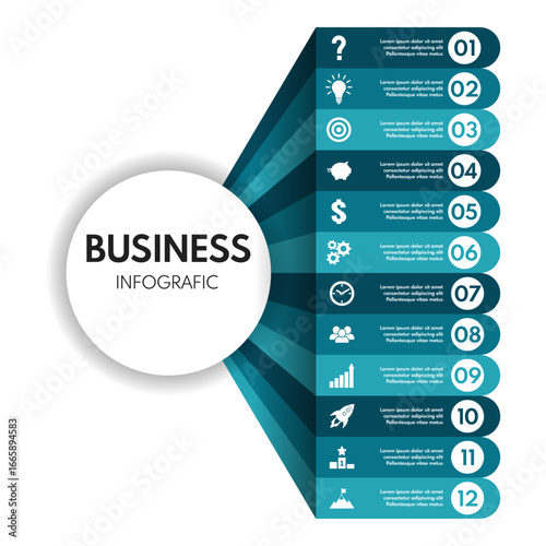12 options business infographic, steps to success, , blue rounded arrows template, year progress presentation mockup, vector illustration