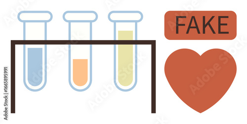 Three test tubes with colorful liquids on a stand, next to bold FAKE text and a heart. Ideal for science, love, analysis, deception, research, chemistry dating themes. Simple flat metaphor
