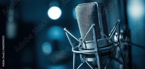 The microphone in a professional recording studio with dramatic blue bokeh lighting
