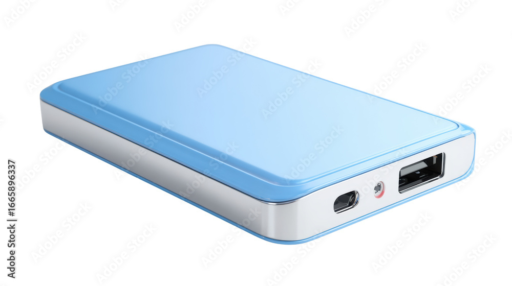 Portable power bank with blue casing, modern design, isolated on white background. Portable power bank with blue casing, modern design, isolated on white background.