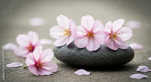 Pink cherry blossoms on dark grey stone with scattered petals