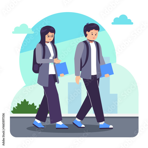 student couple chatting while walking outdoors, socialization concept