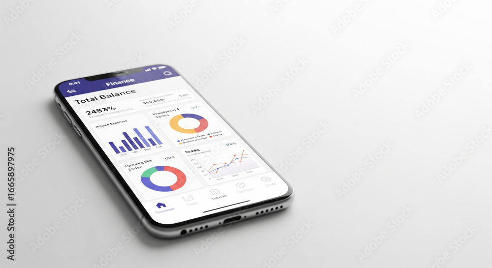 Fototapeta premium Mobile finance and business concept with smartphone and clean white background, leaving wide copy space