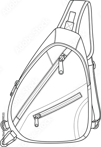 Sling backpack line art, modern travel bag, detailed zipper pockets, adjustable shoulder strap, casual everyday carry, minimalist design, vector outline, ear