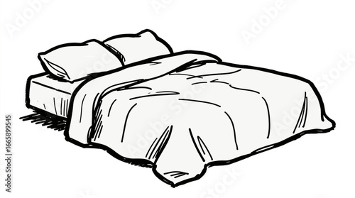 Simple bed with white bedspread and pillows in minimal style  