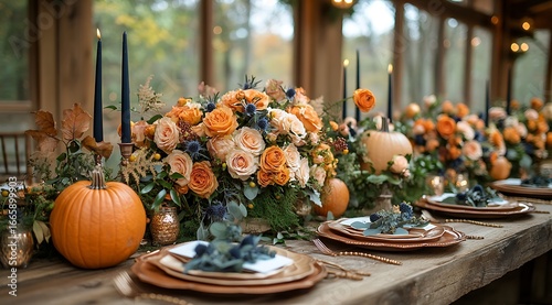 Autumnal table setting with pumpkins and orange roses fall dinner