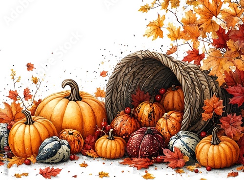 Cornucopia overflowing with pumpkins gourds and autumn leaves fall harvest