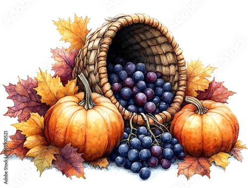 Cornucopia overflowing with purple grapes and pumpkins surrounded by autumn leaves image