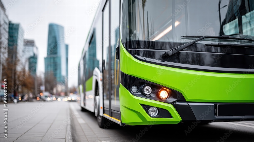 Naklejka premium Close-up of an electric bus with a vibrant green exterior on a city street during the day.