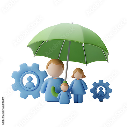 Family Safety and Security: 3D Rendering of a Family Under Protective Green Umbrella