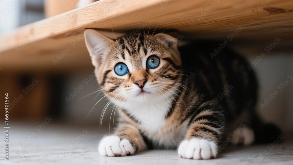 Obraz premium Adorable kitten with striking blue eyes peeking from under a wooden table