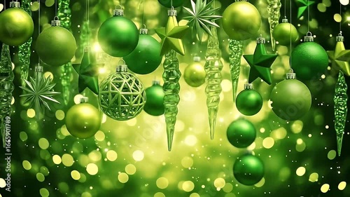green christmas ornaments bokeh background holiday celebration