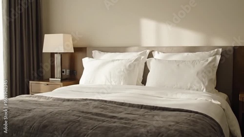A hotel room with a king size bed and white linens and a gray throw blanket
