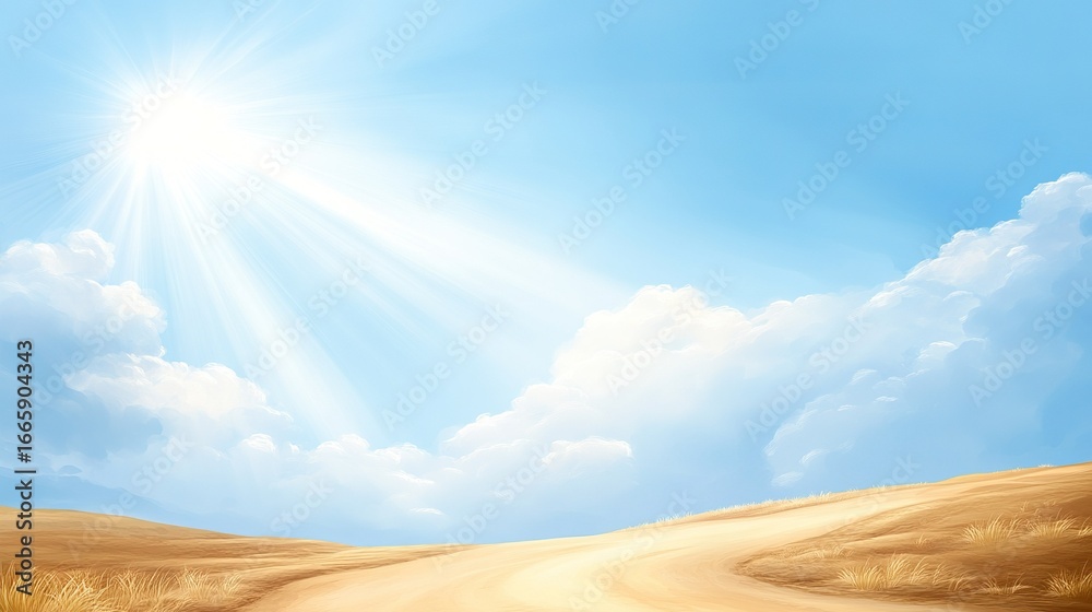 Fototapeta premium Bright sun shining in a clear blue sky with white clouds over rolling golden hills and a winding path