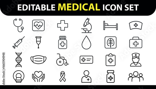 Comprehensive editable medical icon set for healthcare and science applications modern line art graphics vector