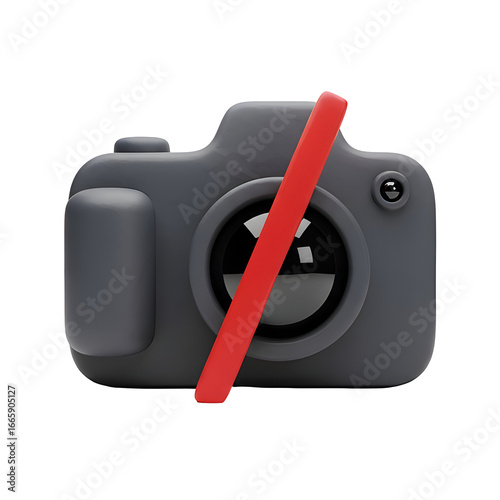 Modern 3D camera icon with a red prohibition slash, a clear symbol for no photography allowed, camera off, or privacy settings, isolated on a white background